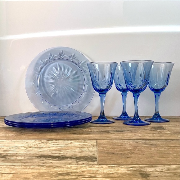 🌟VINTAGE🌟 1980s Avon + Fostoria American Starburst Plates + Glasses Set of 8 - Picture 1 of 10